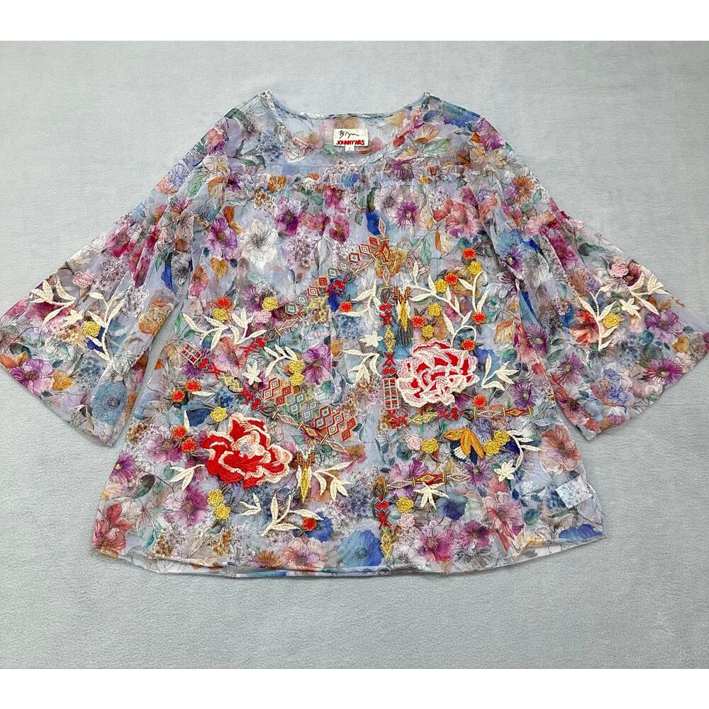 Johnny Was Biya Flora Dancer Mesh Top Floral Embroidered Blouse Medium - Picture 8 of 13